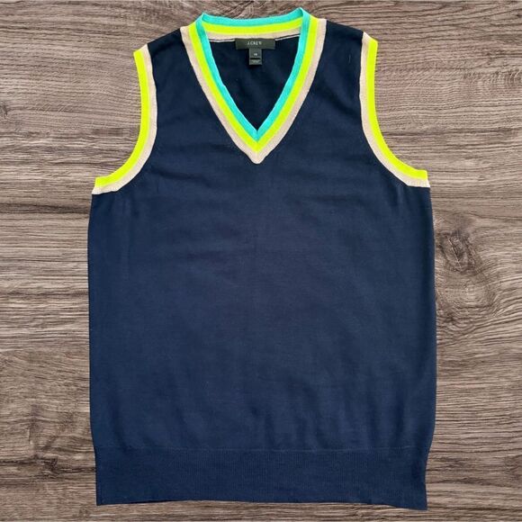 J.Crew Merino Wool V-Neck Sweater Tank Top Navy with Colorful Trim Size XS - Picture 1 of 7